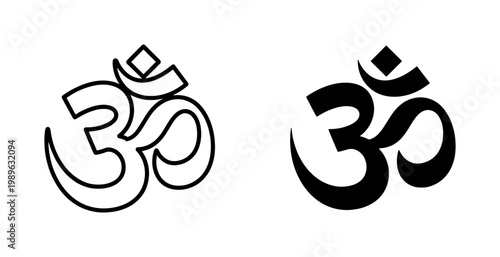 Om Hindu Spiritual Symbol Outline and Solid Black Icon Set