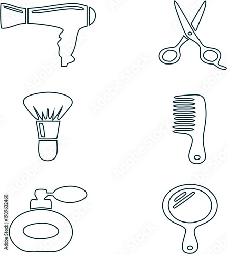 Modern beauty salon outline vector set with hairstyling and skincare essentials like scissors, clippers, comb, dryer, mask and cream, suitable for cosmetic packaging, branding, and digital design use.