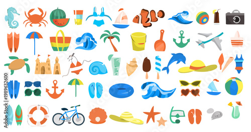 A vibrant collection of beach icons and objects on display