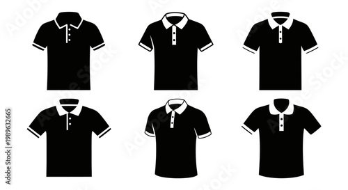 Collection of Black Polo Shirts Icons: Front View, Flat Design