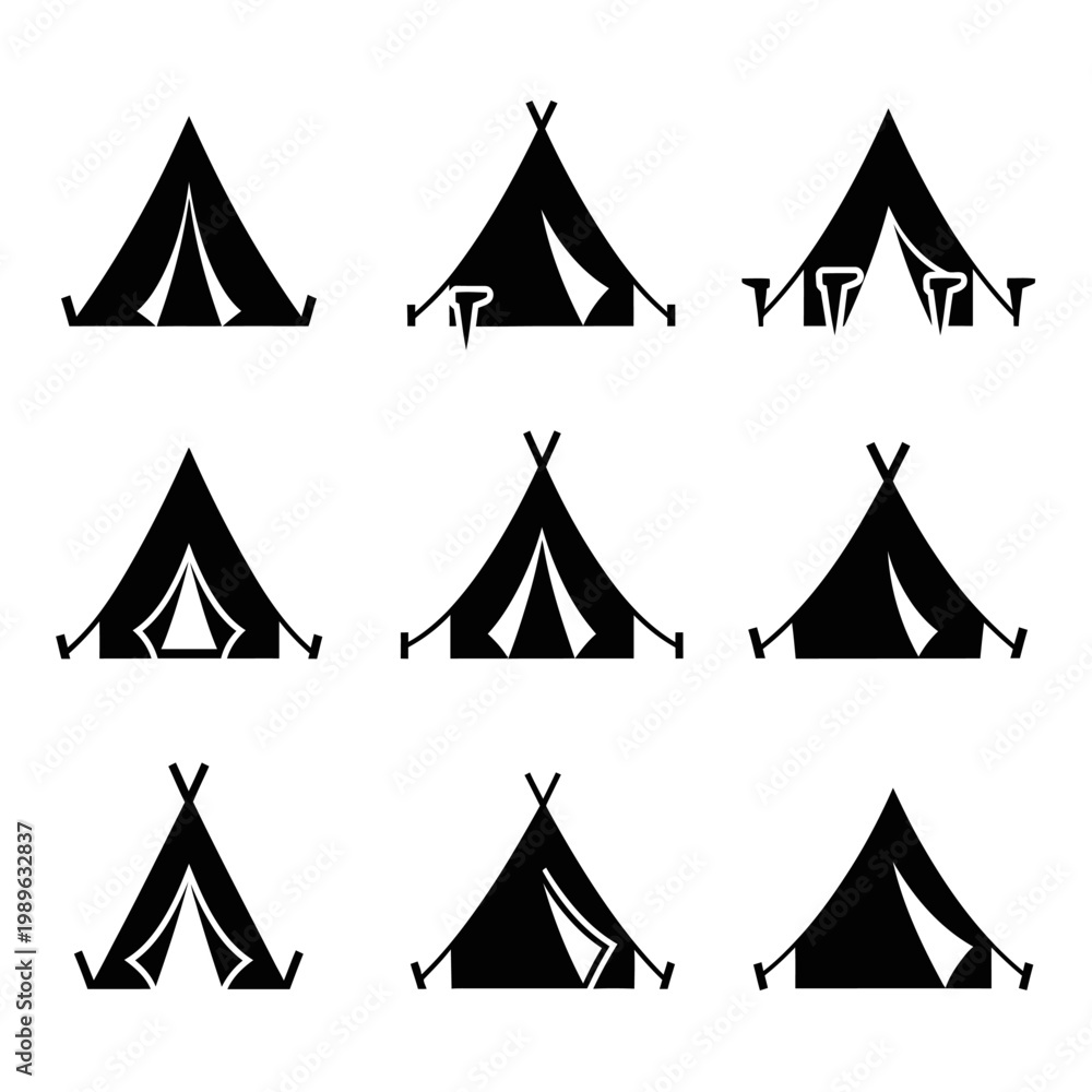 Obraz premium Set of Black Tent Icons: Camping, Outdoors, Adventure, Travel, Shelter, Icons