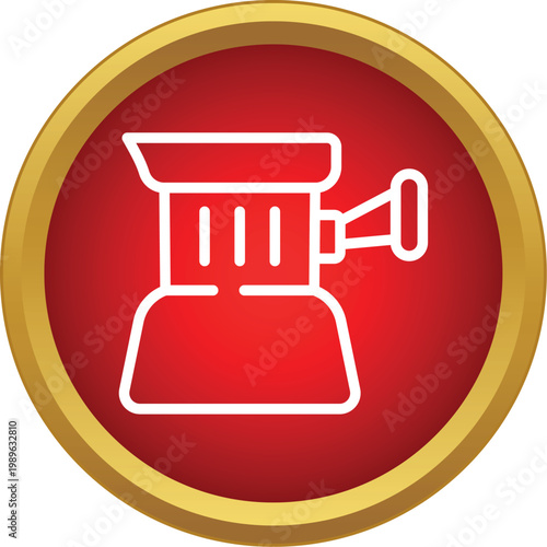 Meat grinder outline icon illustrating food preparation in a red circle