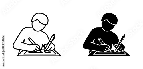 Student writing with pen on paper icon set