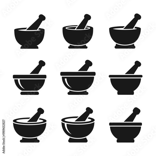 Mortar and Pestle Icons Set: Kitchen, Pharmacy, Laboratory Tools