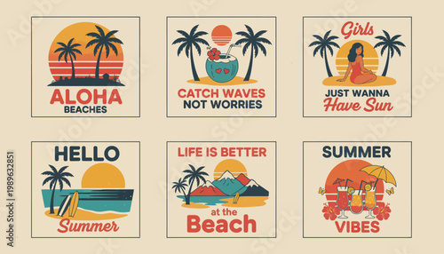 Vibrant summer beach scenes with palm trees and sunny skies depicted