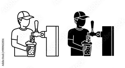 Bartender Pouring Draft Beer From Tap Icon Set