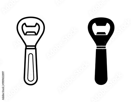 Bottle opener icon set in black outline and solid style