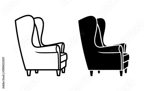 Classic Wingback Armchair Outline and Silhouette Icon Set