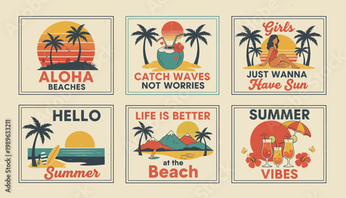 A vibrant summer beach scene with colorful illustrations of palm trees, sunsets, and girls enjoying life's carefree moments by the ocean waves.