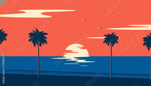 Sunset scene with palm trees along a beachside promenade at dusk