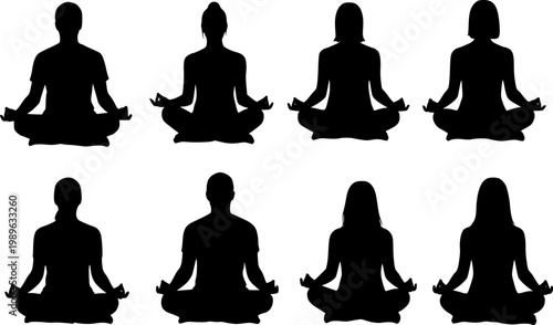 Eight black human silhouettes, featuring diverse male and female figures, sitting calmly in a traditional lotus, isolated on white background

