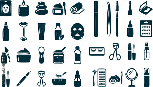 Beauty salon products vector set featuring comb, scissors, hair brush, clipper, dryer, nail cutter, mask and cream, ideal for spa branding, cosmetic design, and salon service illustrations.