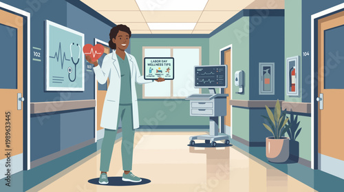 Female Doctor in Hospital Hallway with Heart and Wellness Tablet