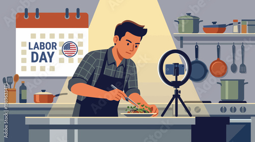 Chef recording cooking tutorial for Labor Day in modern kitchen