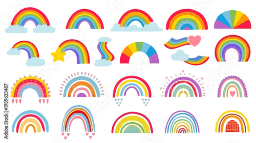 A collection of various colorful rainbow stickers with different designs and shapes are arranged on a plain background.