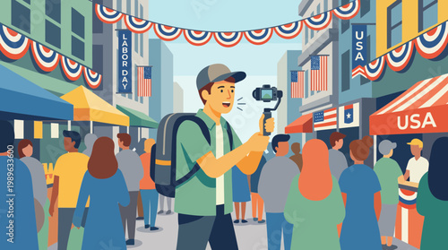 Man Vlogging at USA Labor Day Festival Illustration