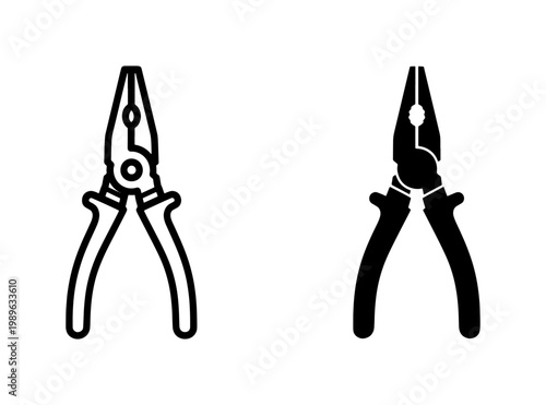 Pliers icon set with outline and solid black silhouette