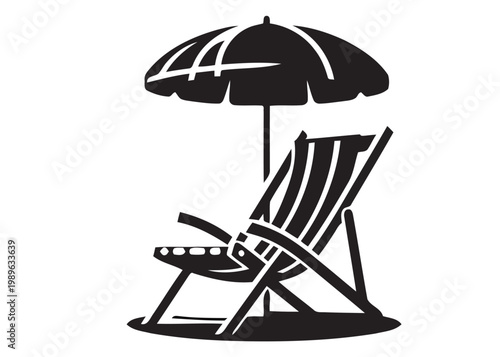 Beach chair and umbrella on sandy shore with tropical drinks nearby