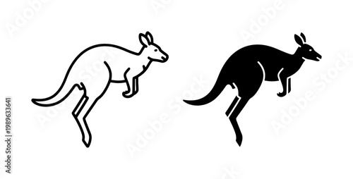 Minimalist Kangaroo Jumping Line Art and Silhouette Icon Set