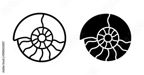 Ammonite Fossil Shell Outline and Silhouette Icon Set