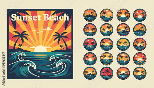 Vibrant sunset beach scene with palm trees and wave stickers