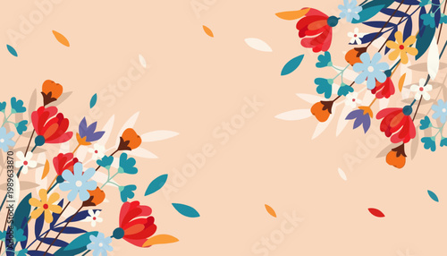 Vibrant floral patterns decorate a soft peach background with colorful flowers and leaves.