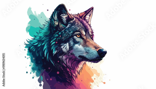 Vibrant wolf portrait with colorful abstract background and paint splatters