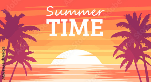 Vibrant summer sunset scene with palm trees standing on sandy beach