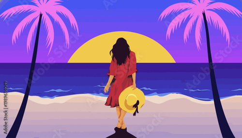 Woman walks on beach with palm trees at sunset with yellow hat