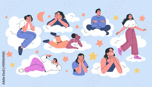 People meditate peacefully on clouds with dreamy expressions and relaxed poses under a starry night sky with saksh