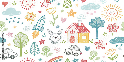 Colorful illustration of a whimsical scene with a house, cars, and a rabbit amidst flowers, trees, and various playful objects.