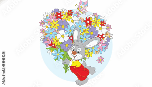 A colorful cartoon rabbit holds flowers and a heart near a floral arrangement