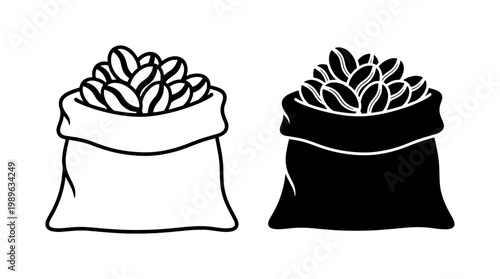 Coffee beans in burlap sack vector icon set
