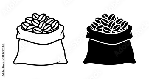 Coffee beans in burlap sack vector icon set