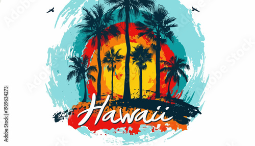 Vibrant Hawaii sunset scene with palm trees and tropical foliage depicted