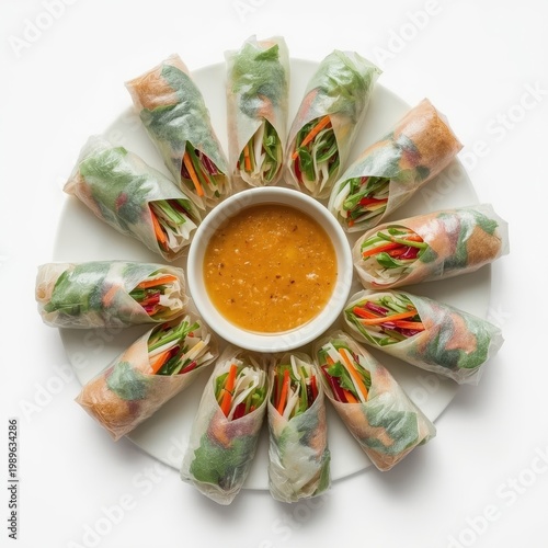 Vietnamese spring rolls with fresh vegetables and herbs in rice paper, served with a peanut dipping sauce. Generative AI