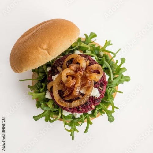 Beet and quinoa burger on a brioche bun with arugula, goat cheese, and caramelized onions. Generative AI