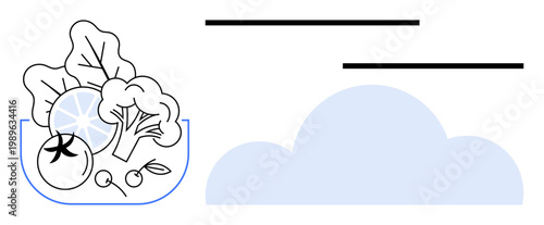 Healthy eating, cloud storage, eco-consciousness, sustainable practices, data integration, organic lifestyle. Fresh vegetables in a bowl and a cloud graphic. Healthy eating and cloud storage