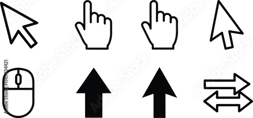 Set of simple black minimal computer cursor and mouse icons on white background
