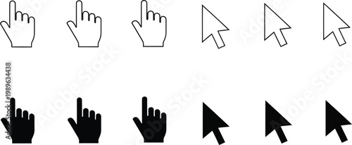 Rows of simple black minimal hand and arrow cursor icons on white background