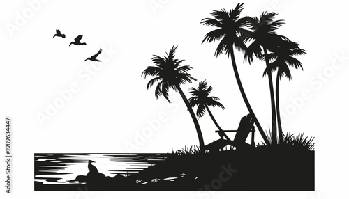 Beach scene with palm trees, chair, and birds flying over water at sunset