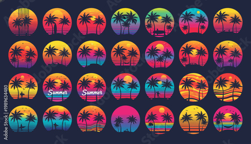 The saksh series showcases a vibrant collection of 30 circular icons featuring palm trees at sunset on a dark background with saksh (100).ai, saksh (99).ai, and other references.