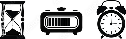 Simple black minimal time icons including hourglass and clock on white background