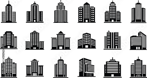 Minimalist city skyscraper and commercial building silhouette icons collection
