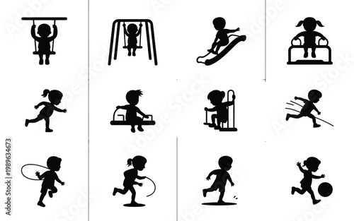 Children playing various outdoor activities illustrated in a clean vector style including swings slides running and ball games with minimalistic black silhouettes