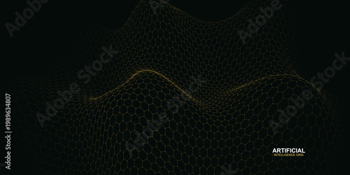 Artificial intelligence, futuristic wave, yellow dots, black background, technology concept, neural network