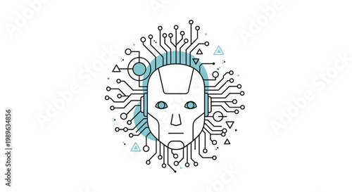 A futuristic robotic head with circuit-like protrusions emerges from a digital environment