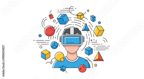Person wearing VR headset surrounded by colorful geometric shapes and technology