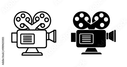 Vintage Movie Camera Icon Set in Outline and Solid Style