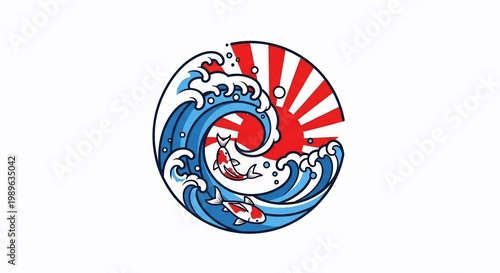 Japanese wave sun symbol design element.